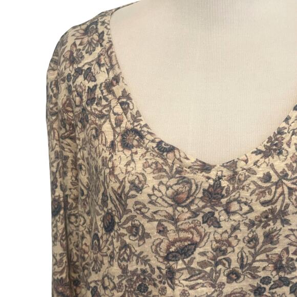 Rachel Zoe Floral Linen Top Womens Size 1X Cream Mauve V-Neck Coastal Boho Tee - Picture 4 of 9